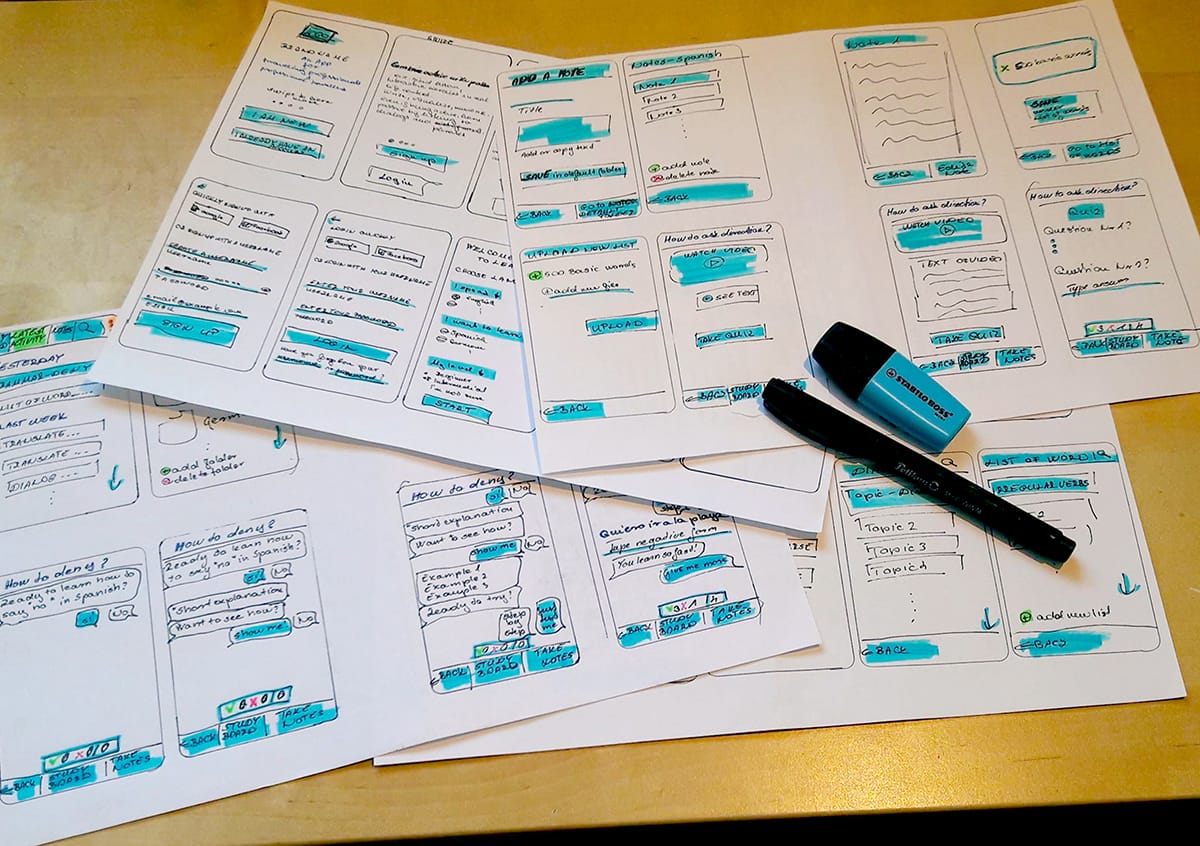 A photo of some hand-drawn wireframes from a UX design project