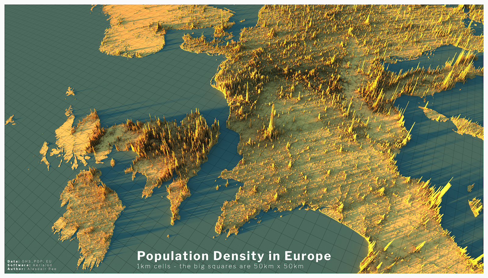 A 3d map showing population density across Europe