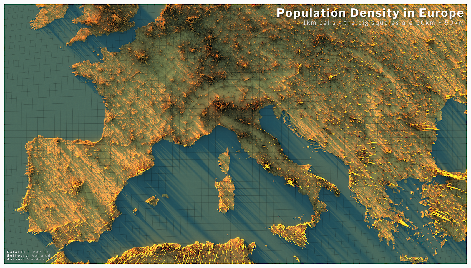 3D map showing population density across Europe